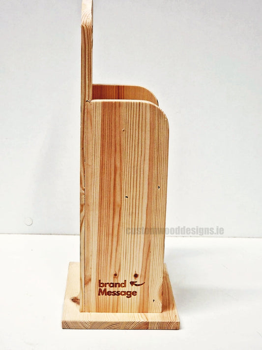 Natural pine mini two-tier countertop display by Custom Wood Designs showing a compact wooden display for retail or home use.