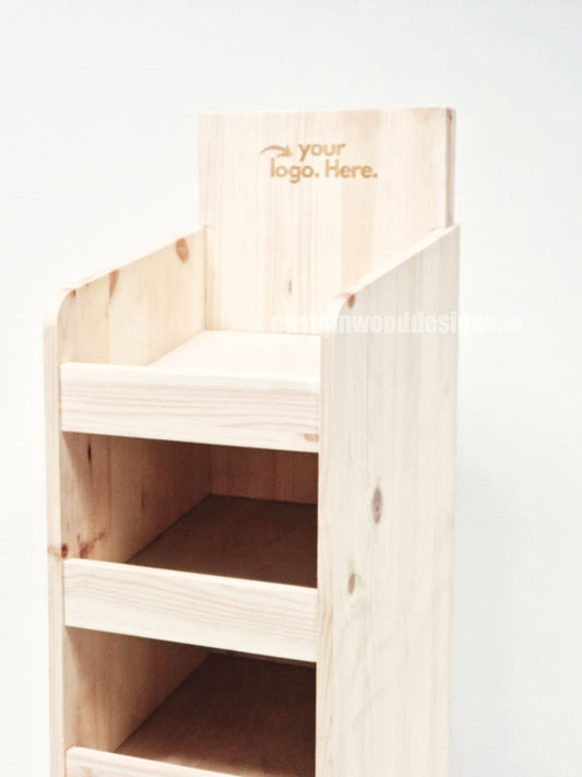Natural pine four-shelf countertop display by Custom Wood Designs, compact wood storage unit with multiple shelves.