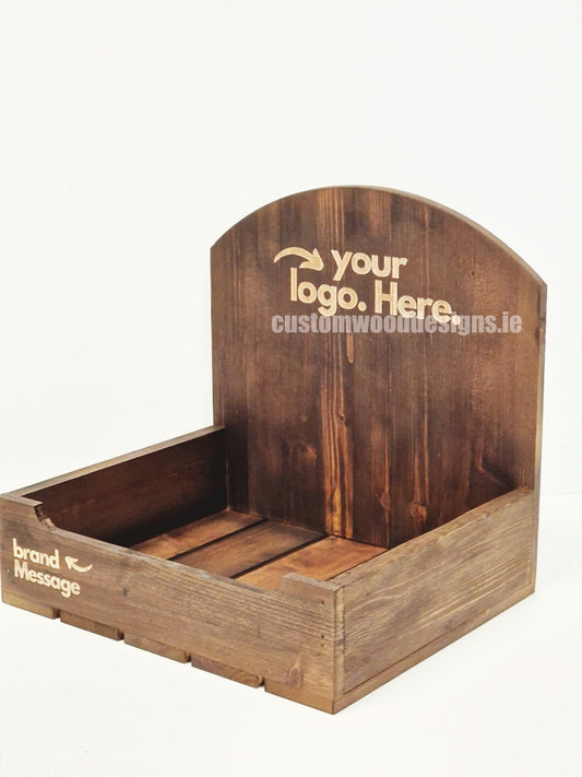 Dark pine crate-style countertop display by Custom Wood Designs, featuring rustic wooden crates for retail or home organization.