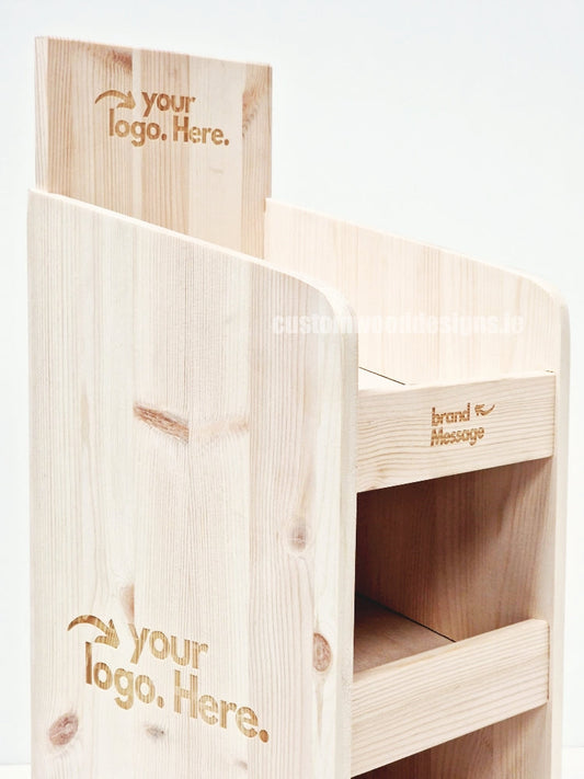 Natural pine three-shelf countertop display by Custom Wood Designs, showcasing compact, rustic wood shelves for retail or home use.