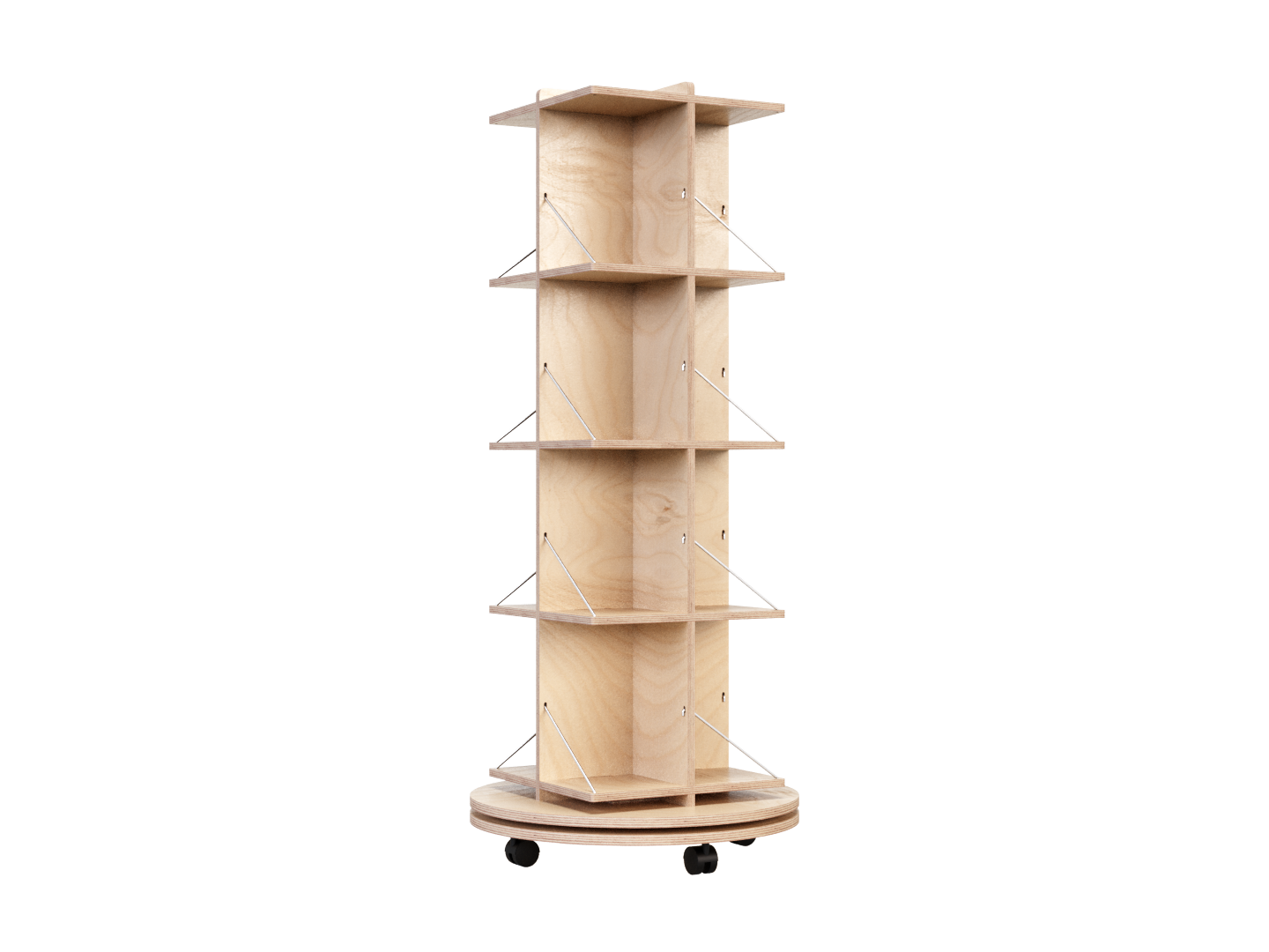 Avo mobile shelving unit with five eucalyptus wood shelves and wheels.