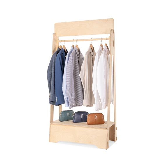 Wooden coat rack and clothing rail display