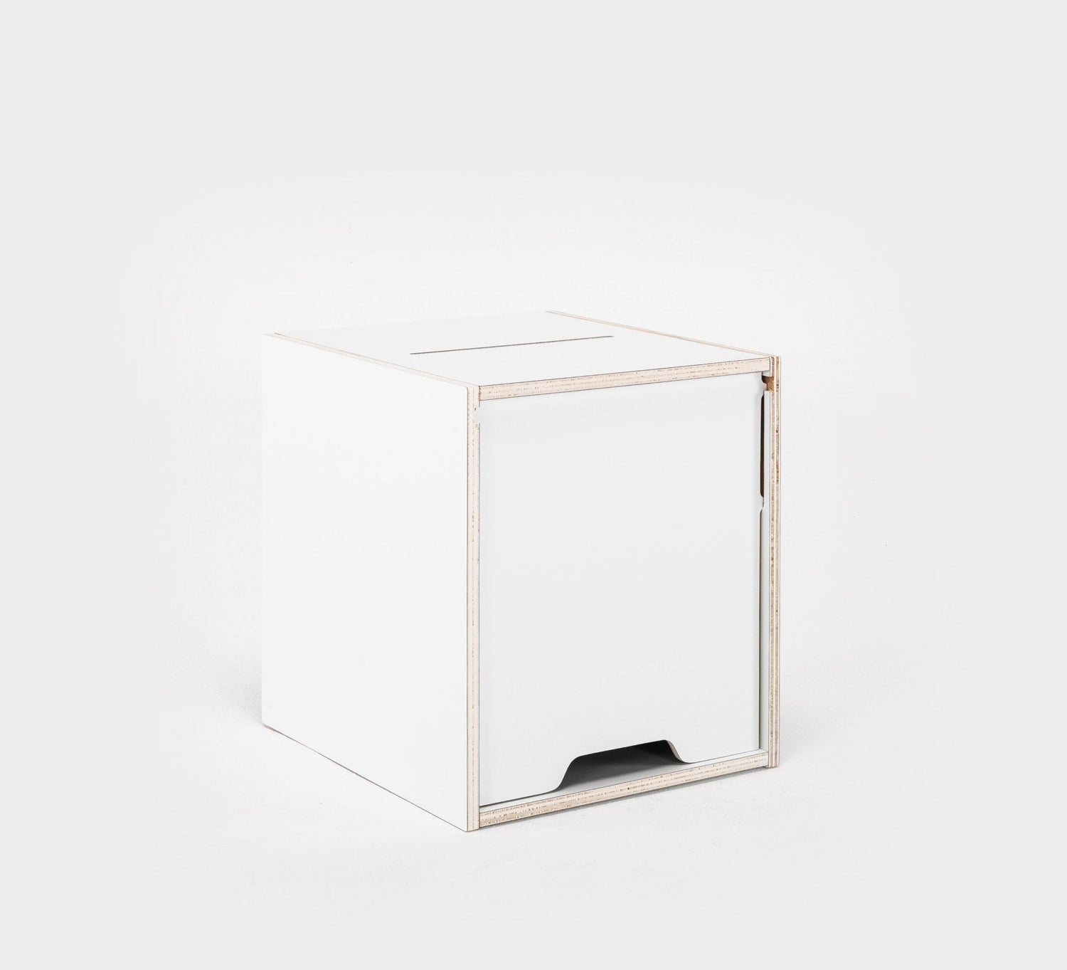 White wooden display cube for cosmetics retail
