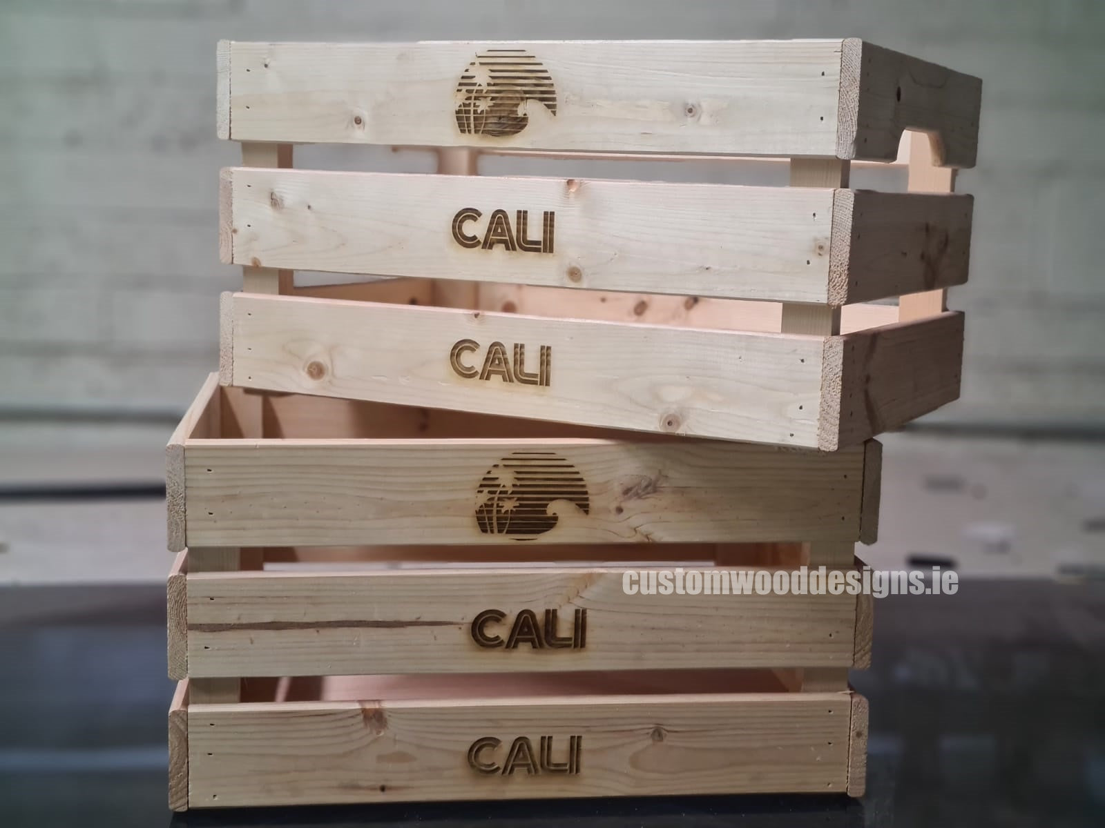 Large Pine Wood Crate 46 X 31 X 25cm pack of 10 Crate pin CaliCaliCratesIrelandCustomWoodDesignsWoodworkingWoodBrandingPromotionalBrandingLaserbranding_3