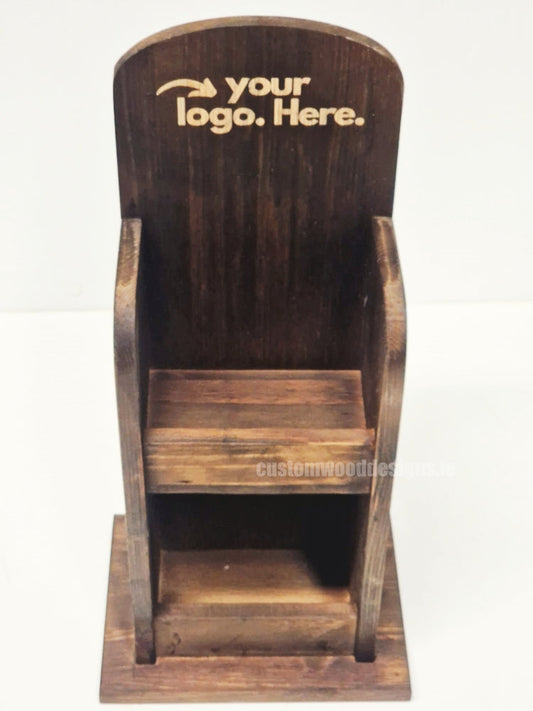 Dark pine mini two-tier countertop display from Custom Wood Designs, showcasing wooden shelves for retail display.