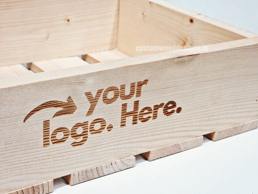 Natural pine crate-style countertop display by Custom Wood Designs, rustic wood crate for retail or kitchen organization.
