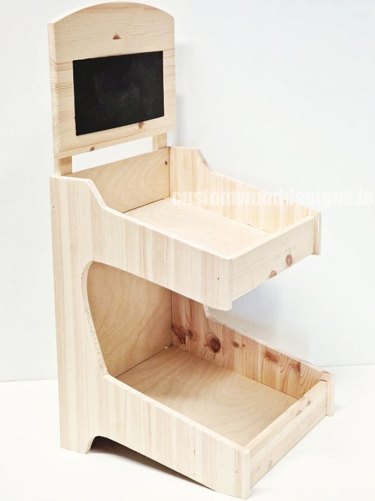 Natural pine two-tiered countertop display for baked goods, handcrafted by Custom Wood Designs, showcasing a rustic wooden structure.