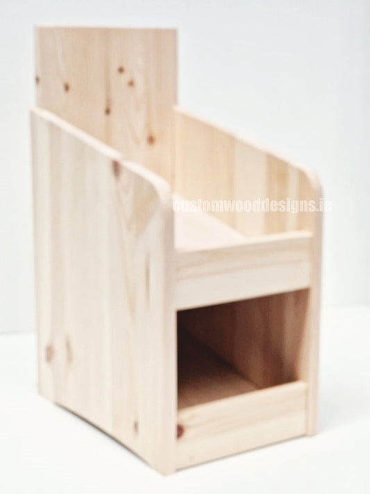 Natural pine two-tier countertop display by Custom Wood Designs showing a compact wooden display stand with two shelves.