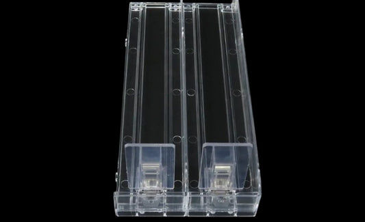 HPL flat spiral spring pusher with clear display, showcasing its compact design and sturdy construction for product positioning.