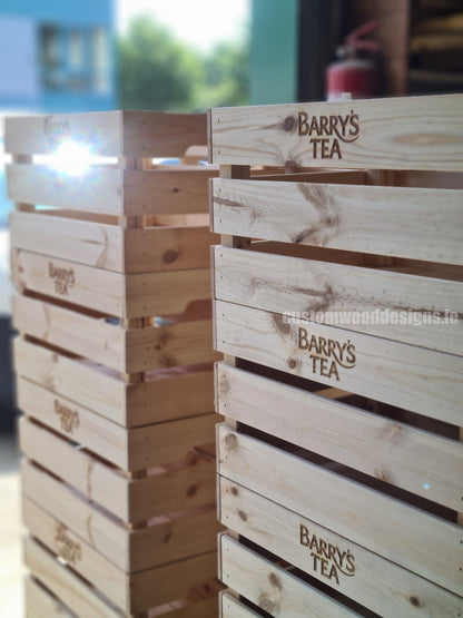 Large Pine Wood Crate 46 X 31 X 25cm pack of 10 Crate pin batch_BarrysTeaCratesIrelandCustomWoodDesignsPromotionalBrandingWoodworkingEngravingLaser_1