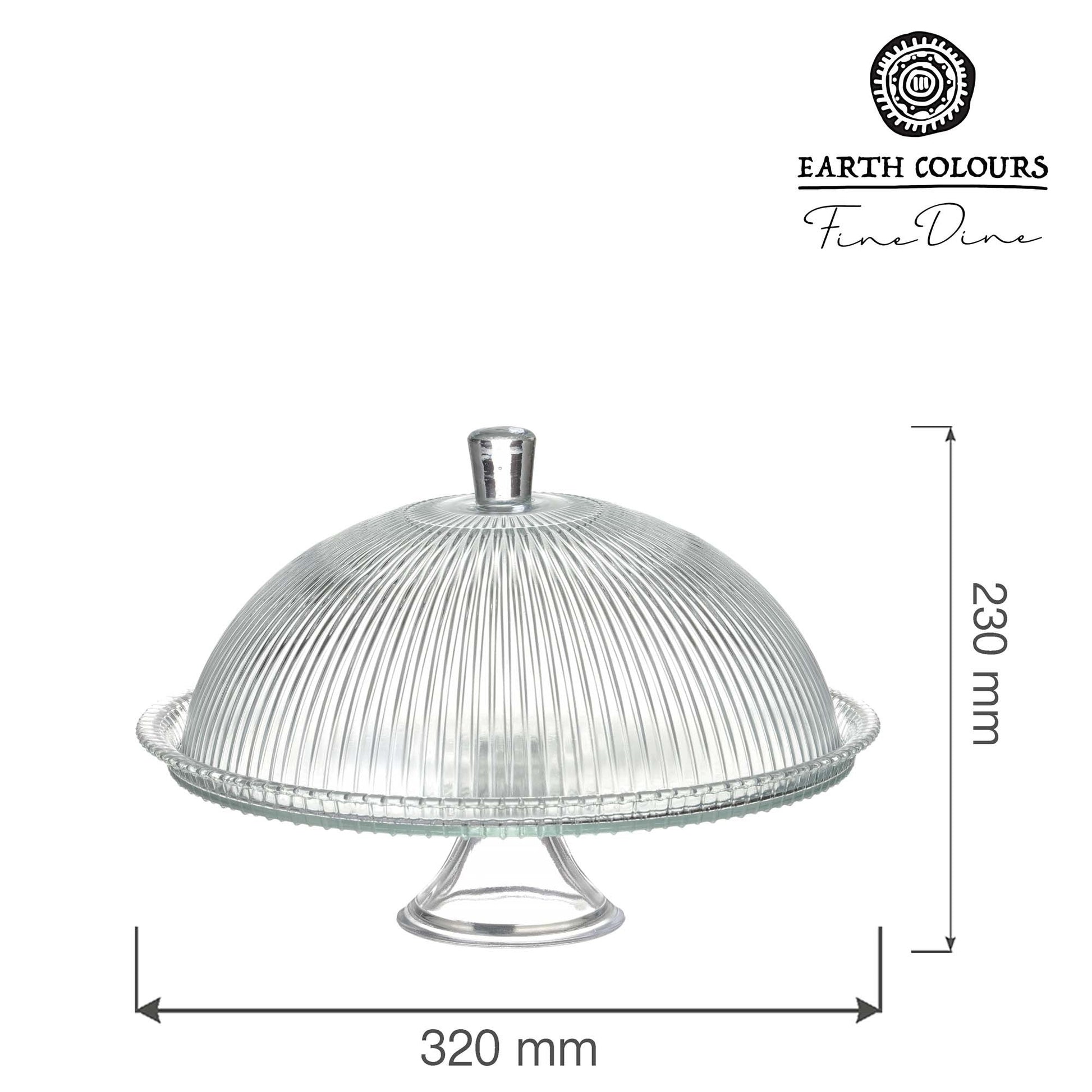 Fine Dine Aura cake stand with cover, 320mm diameter and 230mm height, showcasing a clear lid and elegant design