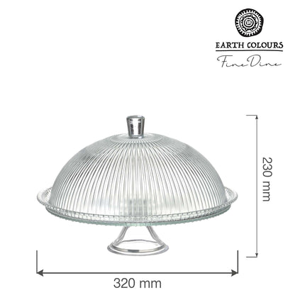 Fine Dine Aura cake stand with cover, 320mm diameter and 230mm height, showcasing a clear lid and elegant design