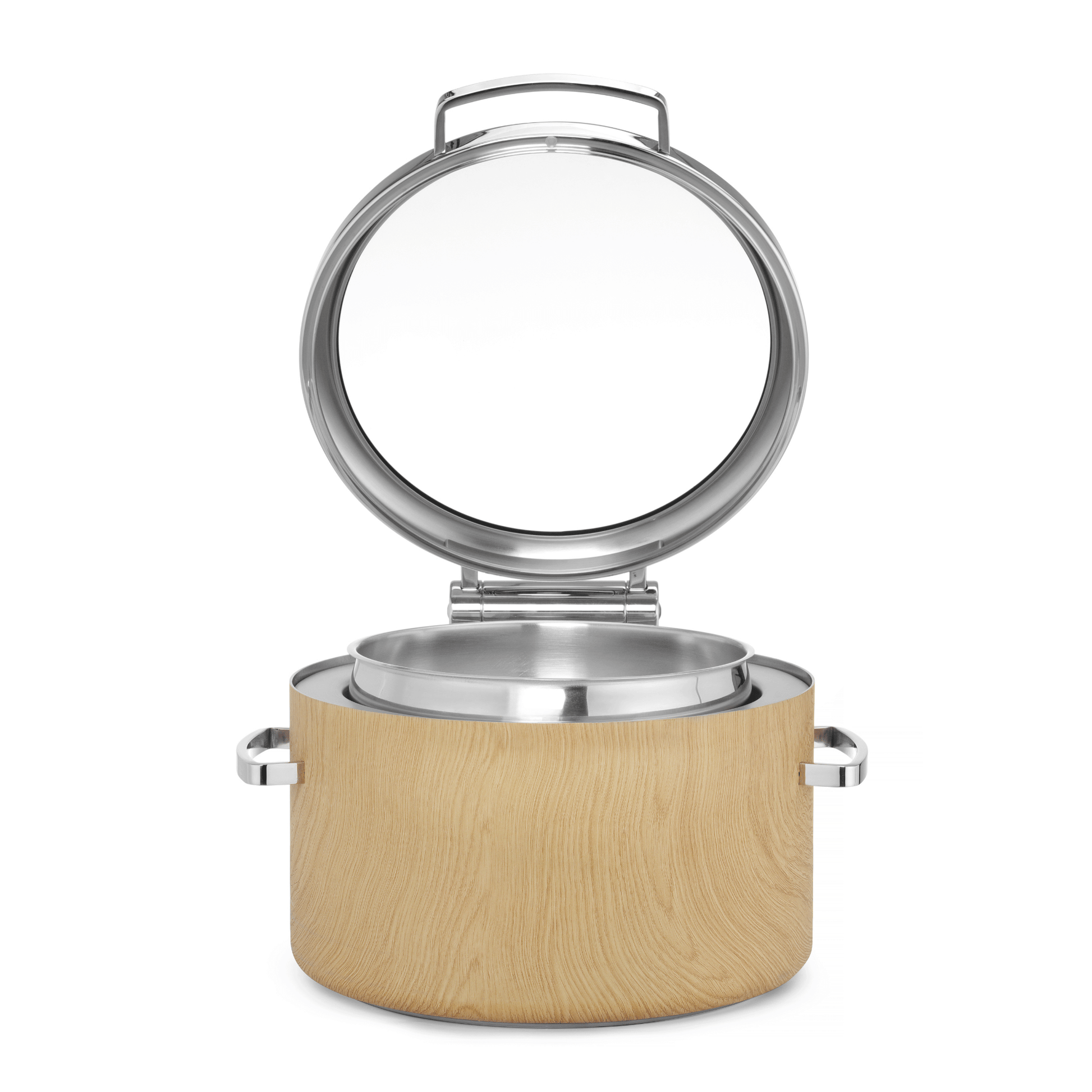 Fine Dine Madeira De Luxe 11L round induction chafing dish with glass lid for keeping food warm at events.