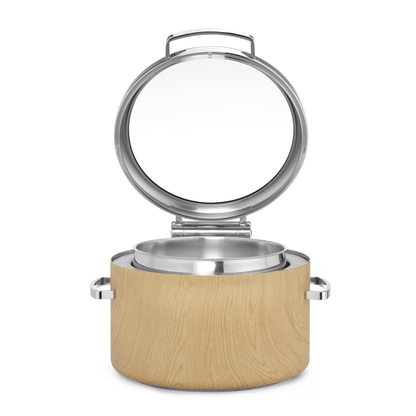 Fine Dine Madeira De Luxe 11L round induction chafing dish with glass lid for keeping food warm at events.