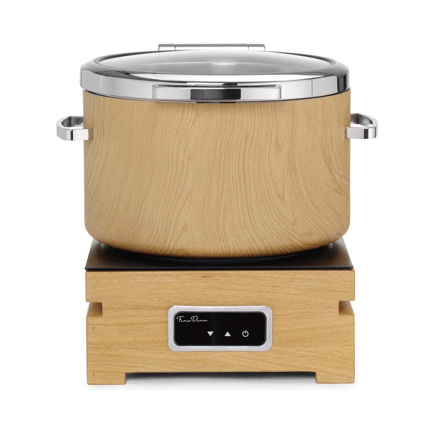 Fine Dine Madeira De Luxe 11L round induction chafing dish with glass lid, ideal for keeping food warm at events and buffets.