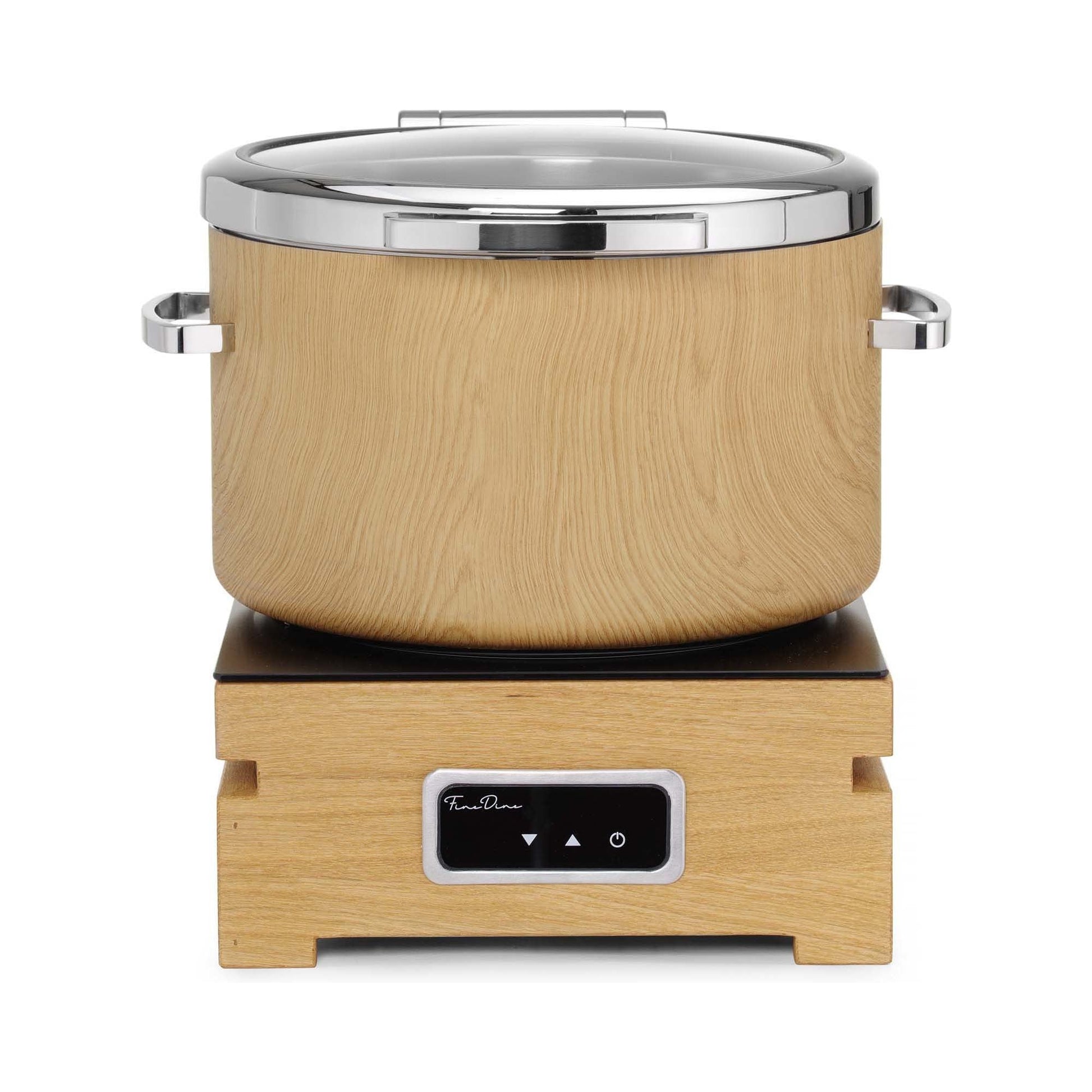 Fine Dine Madeira De Luxe 11L round induction chafing dish with glass lid, ideal for keeping food warm at events and buffets.