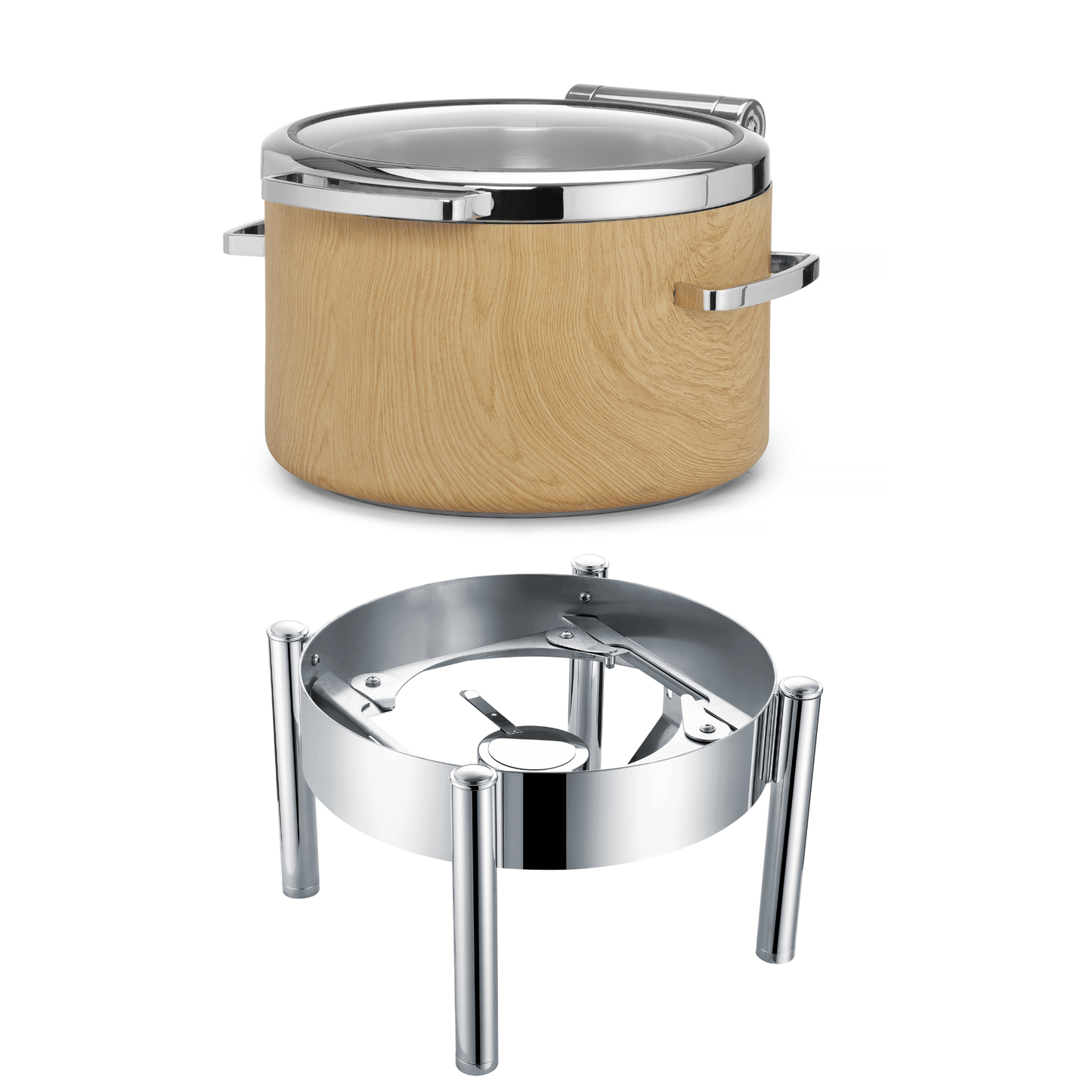Fine Dine Madeira De Luxe 11L round induction chafing dish with glass lid, professional warming equipment for catering.