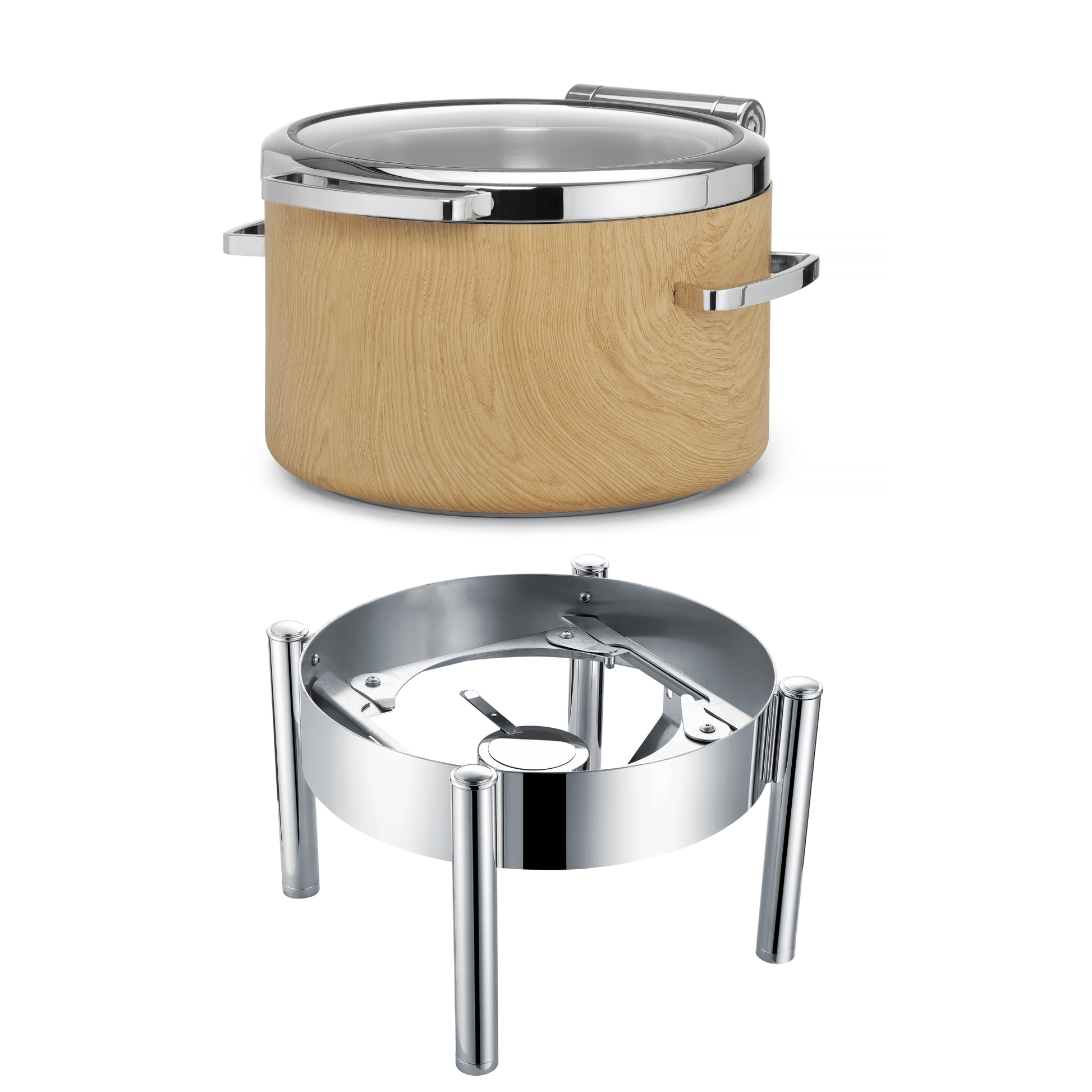 Fine Dine Madeira De Luxe 11L round induction chafing dish with glass lid, professional warming equipment for catering.