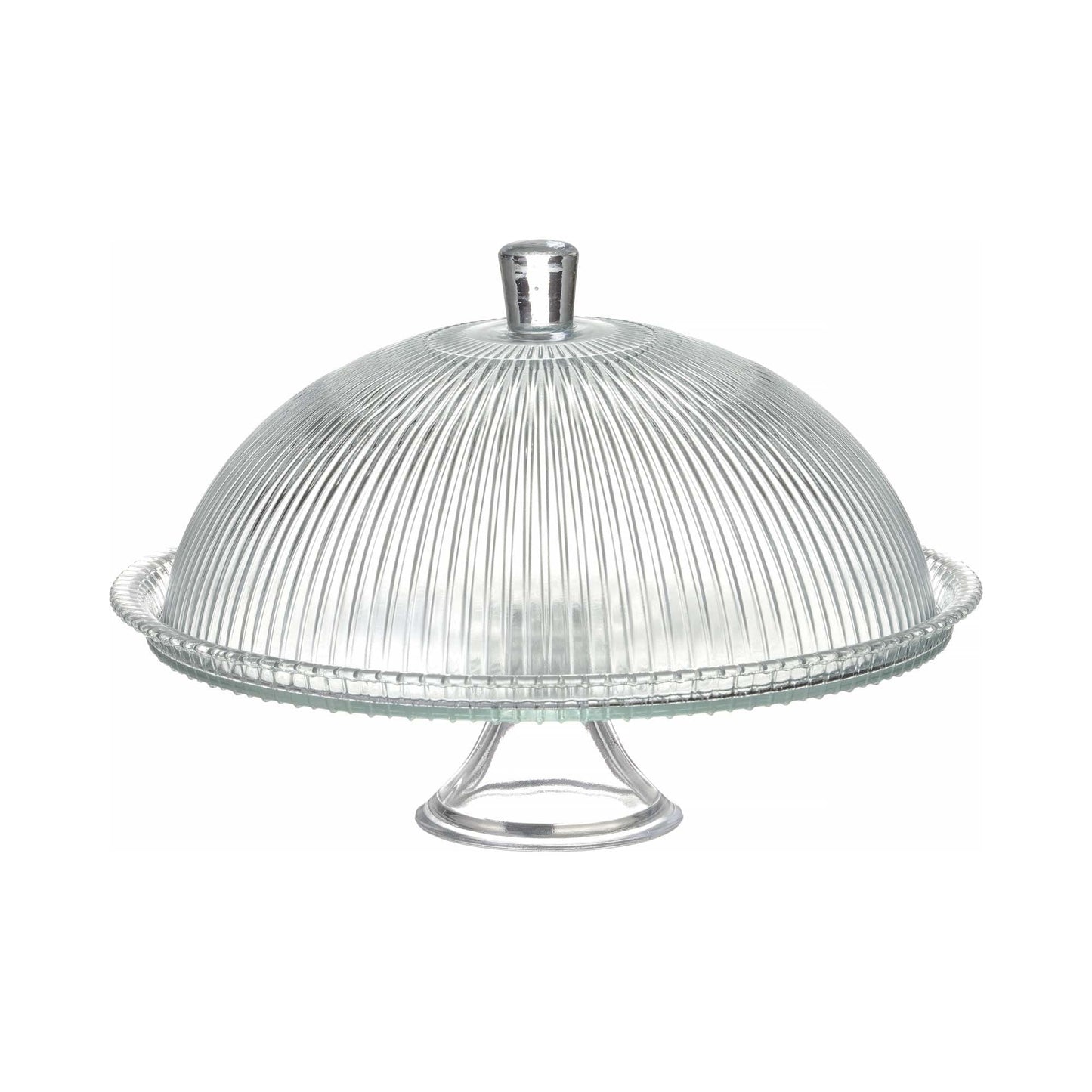 Fine Dine Aura cake stand with lid, 320mm diameter and 230mm height, featuring a clear cover for displaying baked goods.