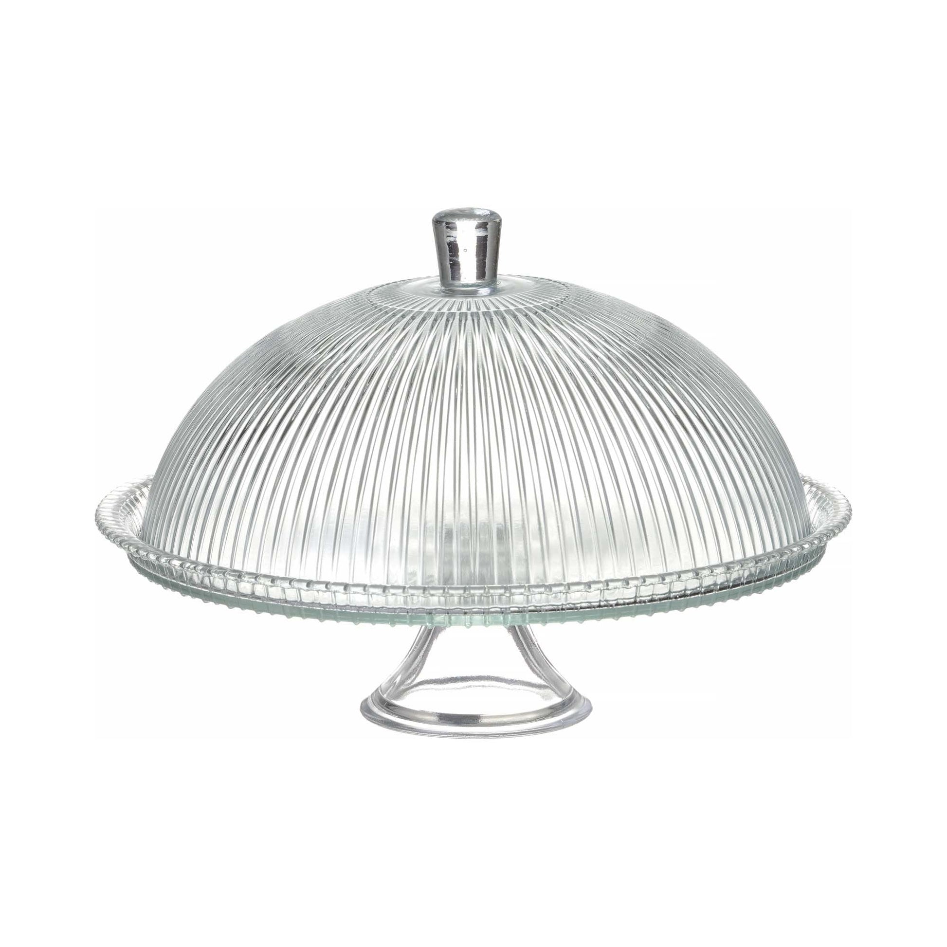 Fine Dine Aura cake stand with lid, 320mm diameter and 230mm height, featuring a clear cover for displaying baked goods.