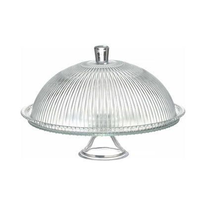 Fine Dine Aura cake stand with lid, 320mm diameter and 230mm height, featuring a clear cover for displaying baked goods.