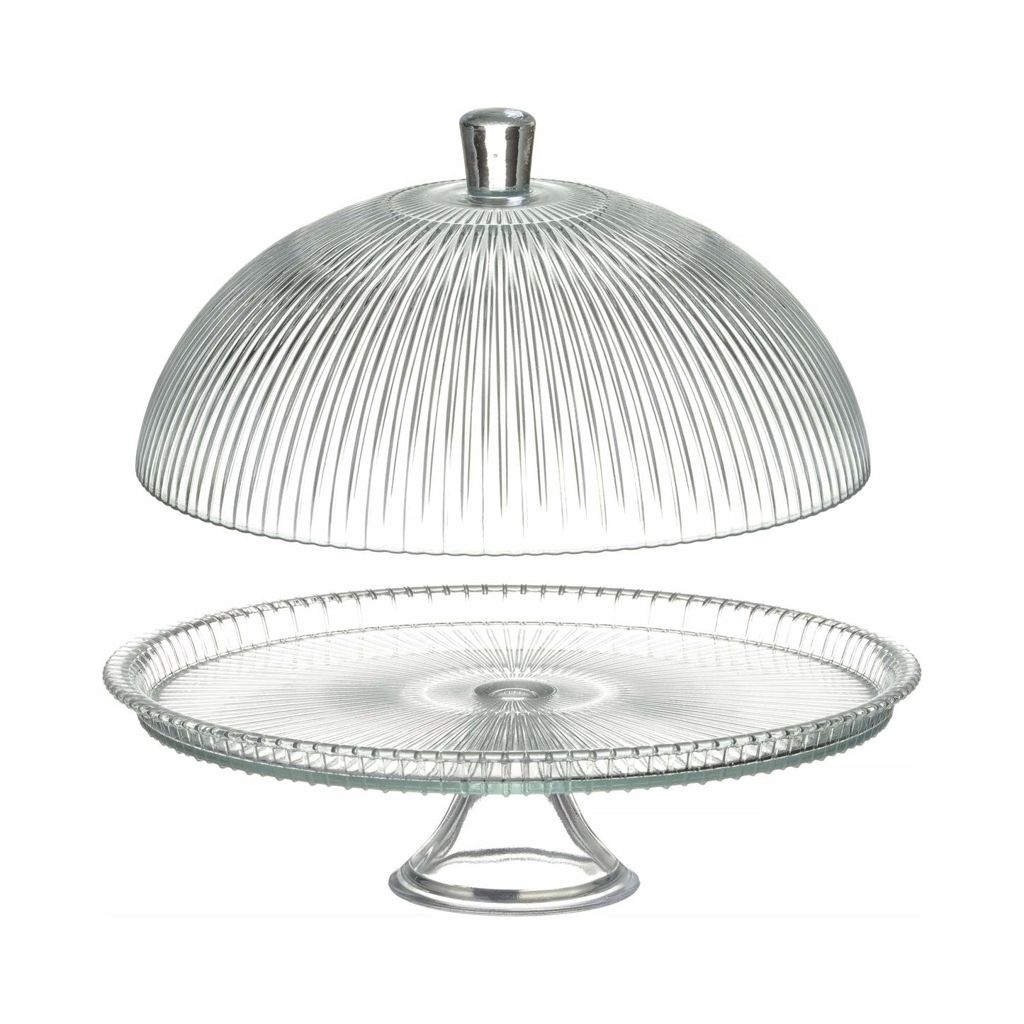 Fine Dine Aura cake stand with cover, 320x230mm, featuring a clear glass lid and elegant design for serving desserts.