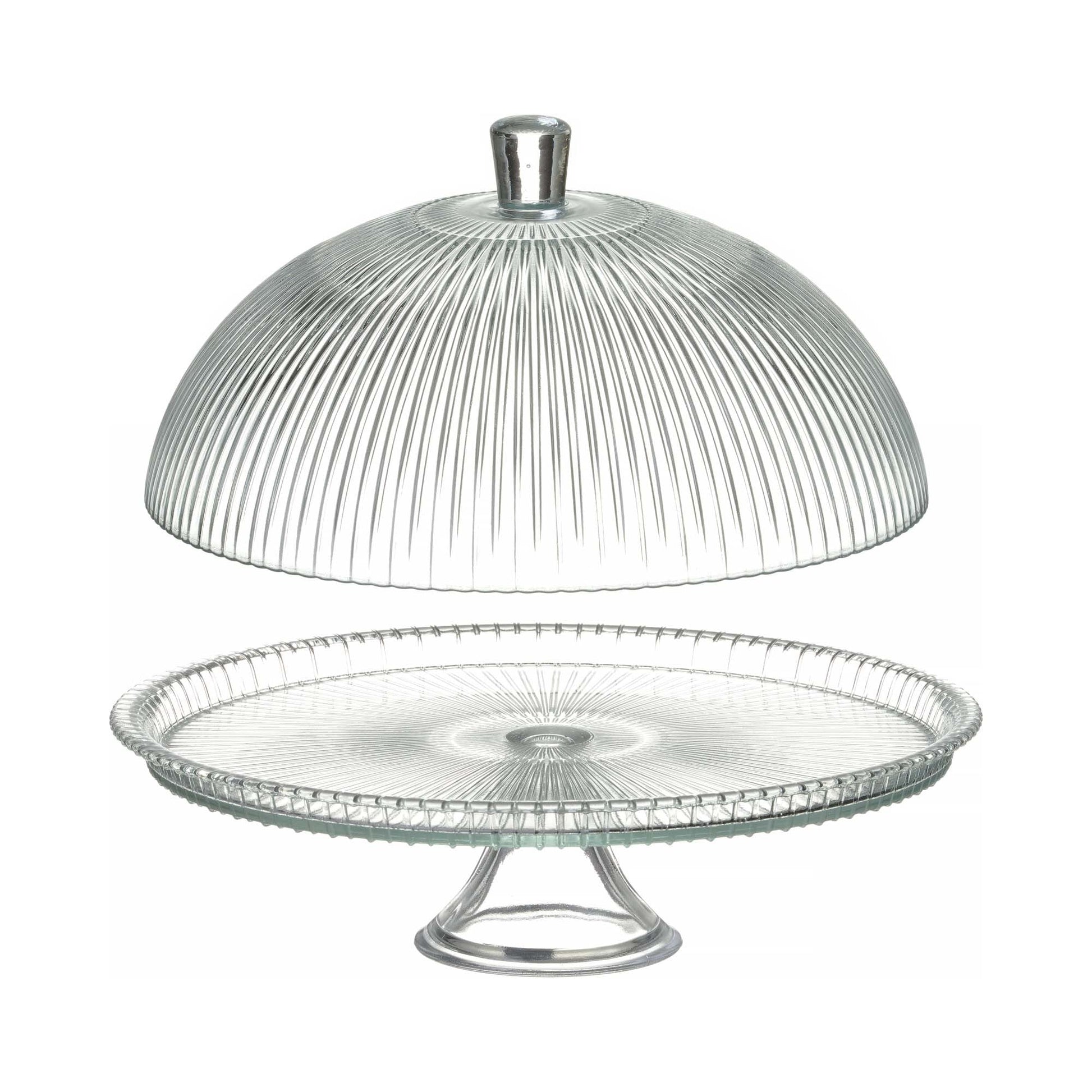 Fine Dine Aura cake stand with cover, 320x230mm, featuring a clear glass lid and elegant design for serving desserts.