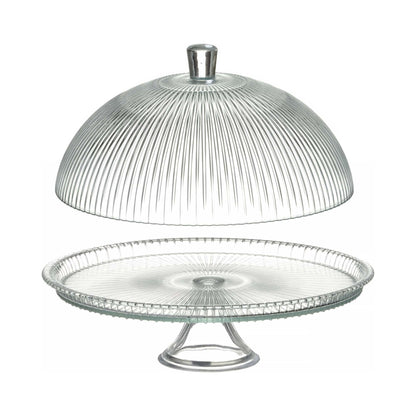 Fine Dine Aura cake stand with cover, 320x230mm, featuring a clear glass lid and elegant design for serving desserts.