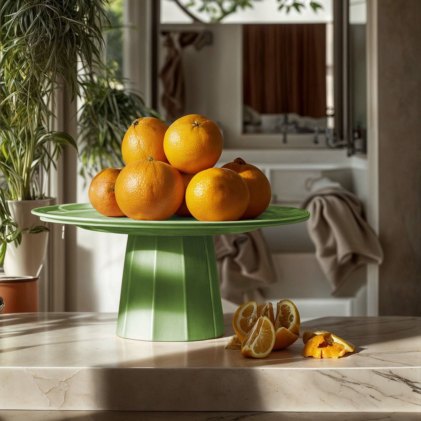 Green Metropolis pedestal base for cake stand, 110mm diameter and 82mm high, by Fine Dine, shown in detailed close-up.