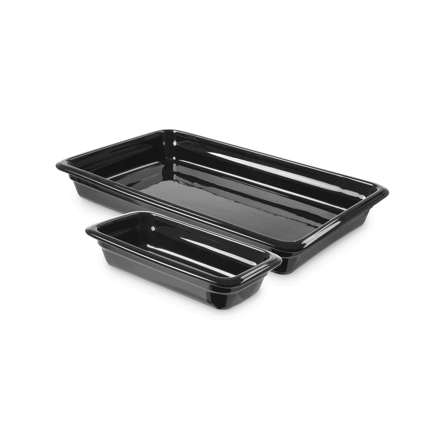 Black porcelain GN 1/2 container from Fine Dine with dimensions 330x260x65mm, ideal for food storage and presentation.